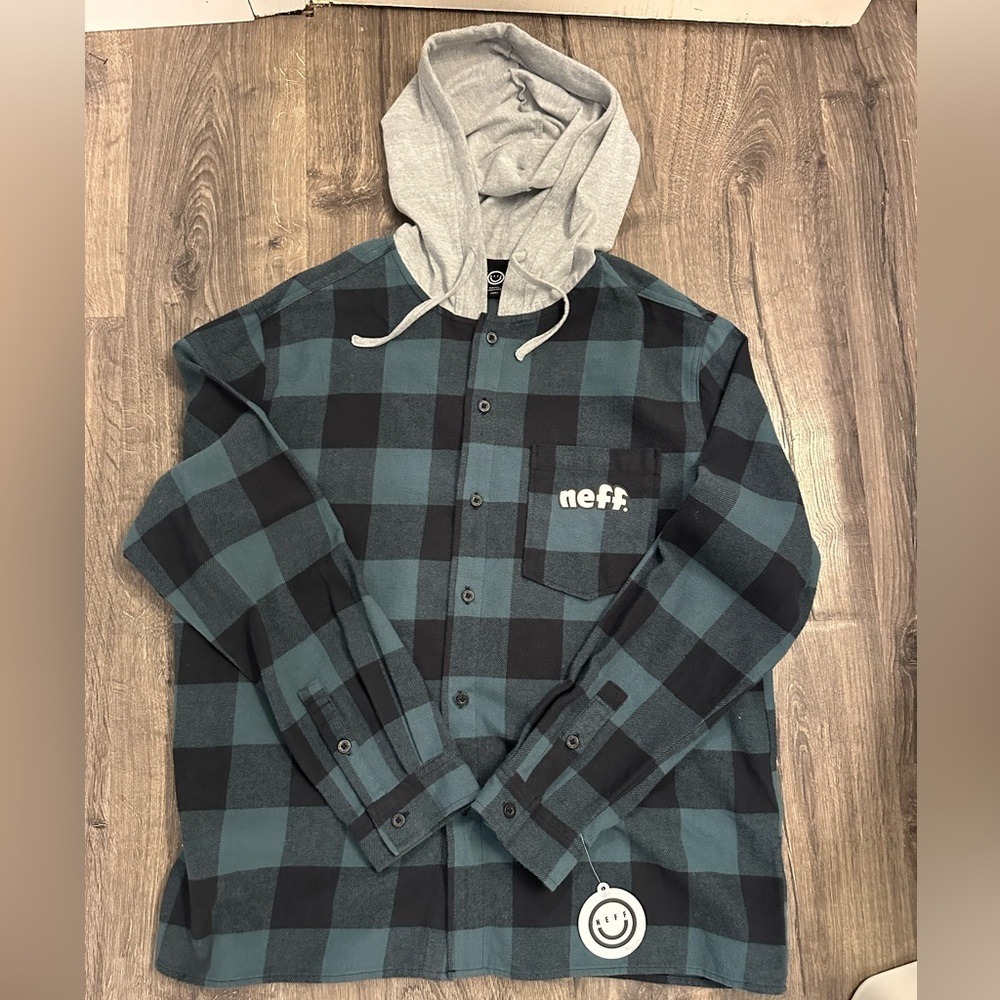NWT Neff Plaid Button-Up Hoodie Shirt Blue/Black Checkered Flannel Long Sleeve